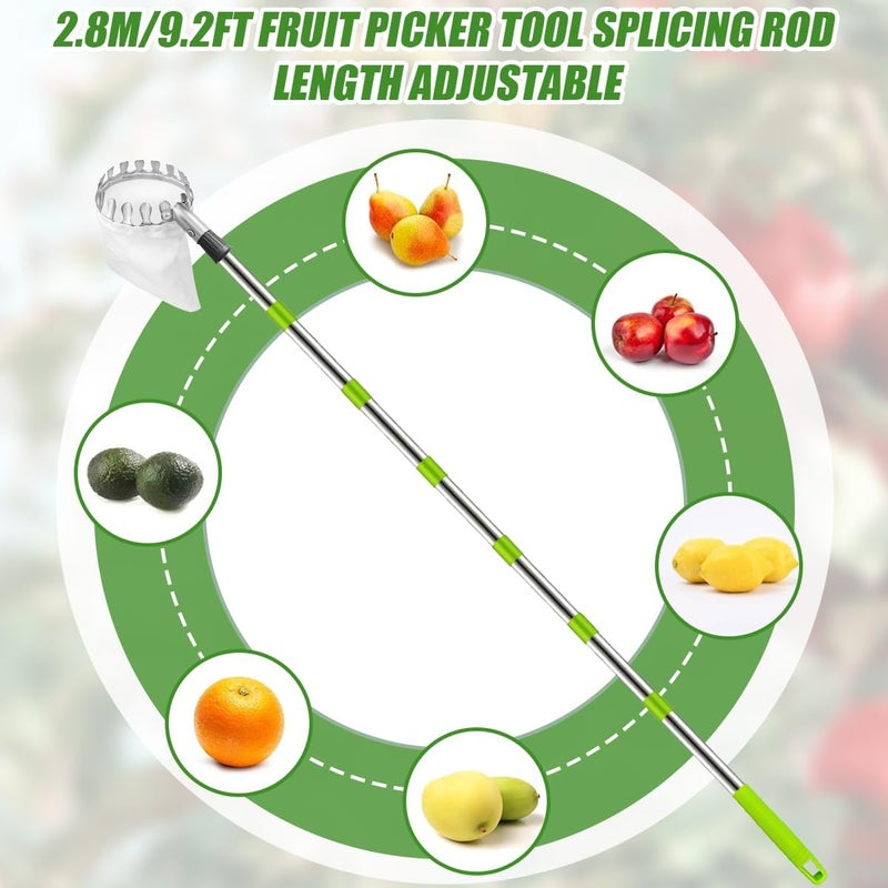 Nexstron Fruit Picker and Gardening Harvest Storage Apron Set - 2.8m/9.2ft Fruit Picker Tool with Telescopic Handle, Stainless Steel Connecting Pole and Drawstring Storage Bag, Picker for Apple Lemon Cherry - Image 2